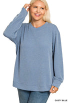 Zenana Dusty Blue Raised Rib Round Neck Long Sleeve Top