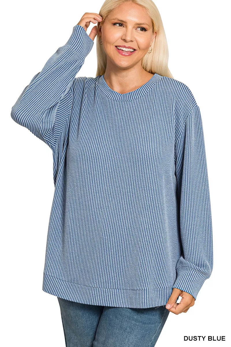 Zenana Dusty Blue Raised Rib Round Neck Long Sleeve Top