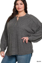 Zenana Black Ribbed Brushed Hacci Melange Henley Sweater