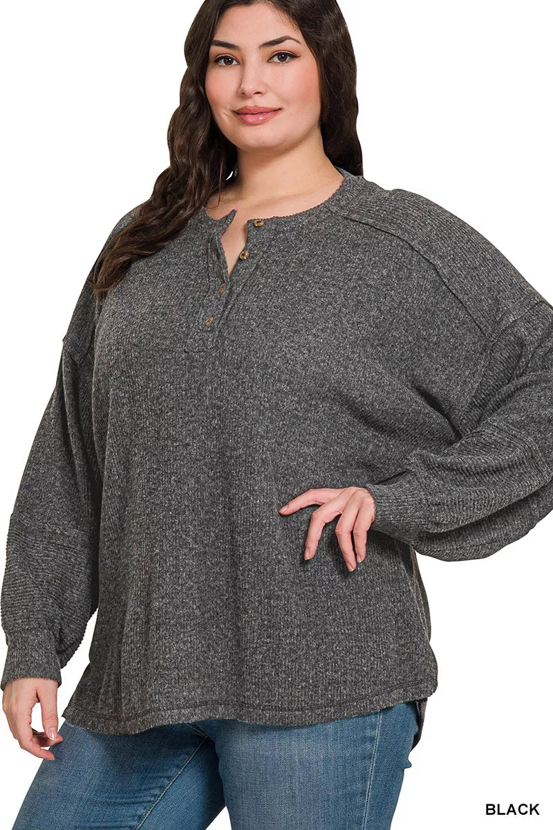 Zenana Black Ribbed Brushed Hacci Melange Henley Sweater