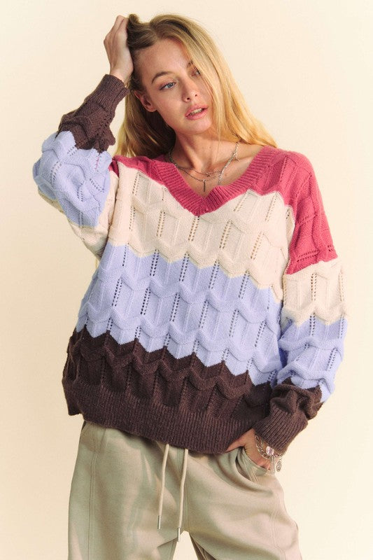 Davi & Dani Cozy Waves Textured Color Block V-Neck Sweater mauve light blue Trendsi