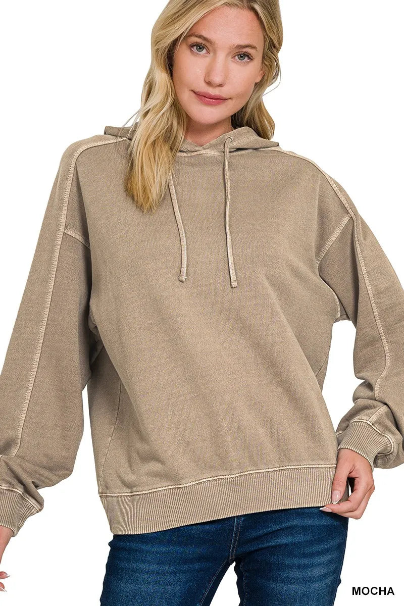 Zenana Mocha French Terry Pigment Dye & Enzyme Washed Hoodie MOCHA
