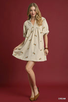 Umgee Cream Corduroy Babydoll Dress with Floral Embroidery