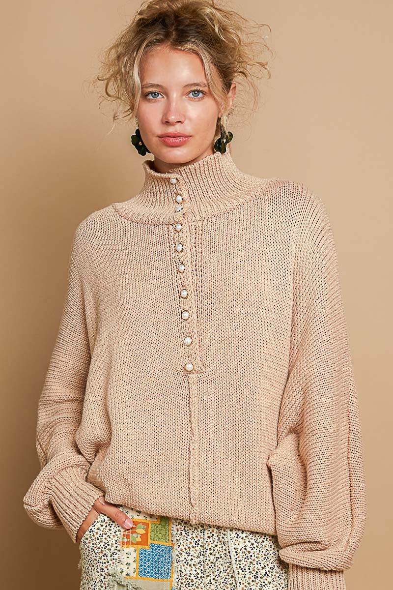 POL Pearl Detail Turtleneck Long Sleeve Sweater in Latte Latte Trendsi