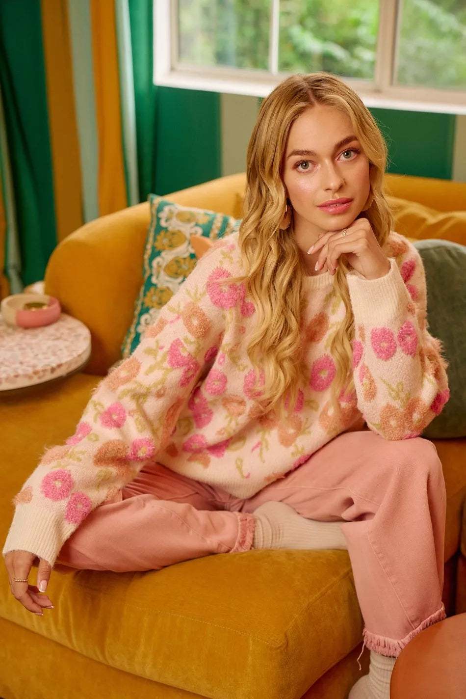 BiBi Ivory Towel Texture Floral Pattern Vintage Sweater