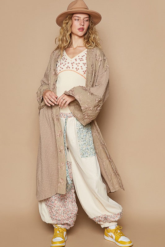 POL Flower Lace Trim Open Front Longline Cardigan in Khaki Shirts & Tops