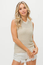 BiBi Oatmeal Knitted Beaded Pearl V Neck Sleveless Sweater Top
