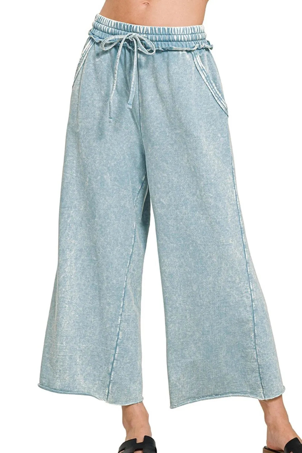 Zenana Blue Gray Washed French Terry Palazzo With Pockets BLUE GREY