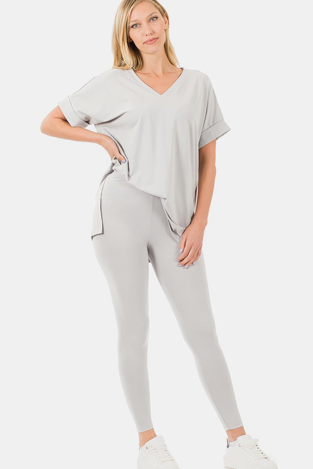 Zenana Light Cement V-Neck Rolled Short Sleeve T-Shirt and Leggings Lounge Set Trendsi