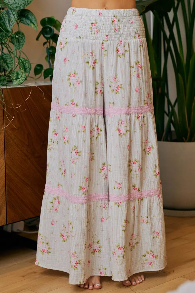 BiBi Rose Printed Gauze Trim Detail Smocked Maxi Pants TAUPE BLUSH