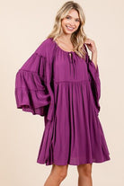 Mittoshop Frill Tie Neck Long Bell Sleeve Empire Waist Dress Red-Violet