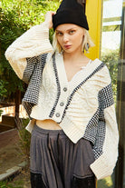 POL Cable-Knit Plaid V-Neck Button Up Cardigan in Natural Multi Natural Multicolor Shirts & Tops