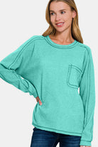 Zenana Turquoise Contrast Stitching Brushed Ribbed Hacci Knit Top