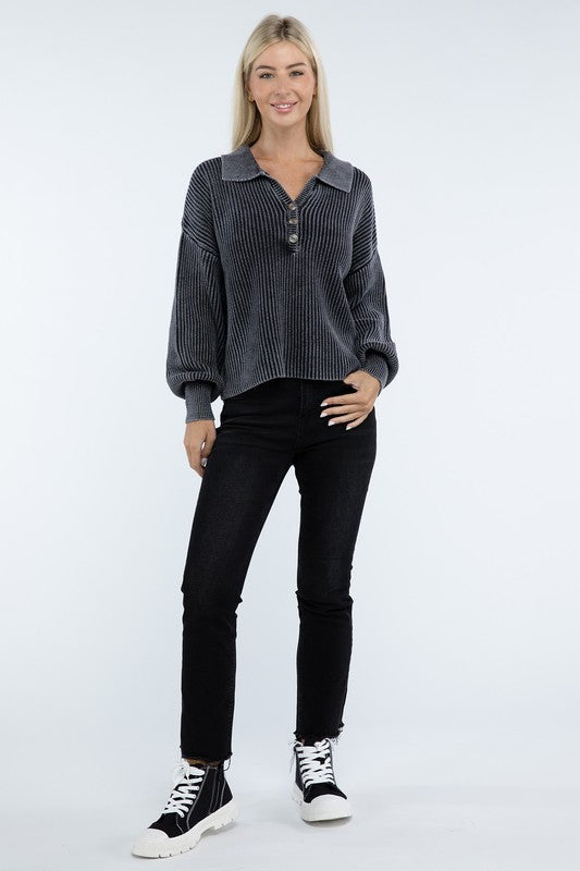 Zenana Washed Collared Henley Sweater in 6 Colors! ZENANA