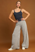 Umgee Light Gray Ribbed Elastic Waist Wide Leg Pants Pants