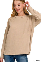 Zenana Light Mocha Long Sleeve Drop Shoulder Rib Top
