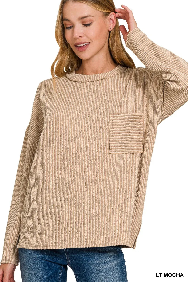 Zenana Light Mocha Long Sleeve Drop Shoulder Rib Top