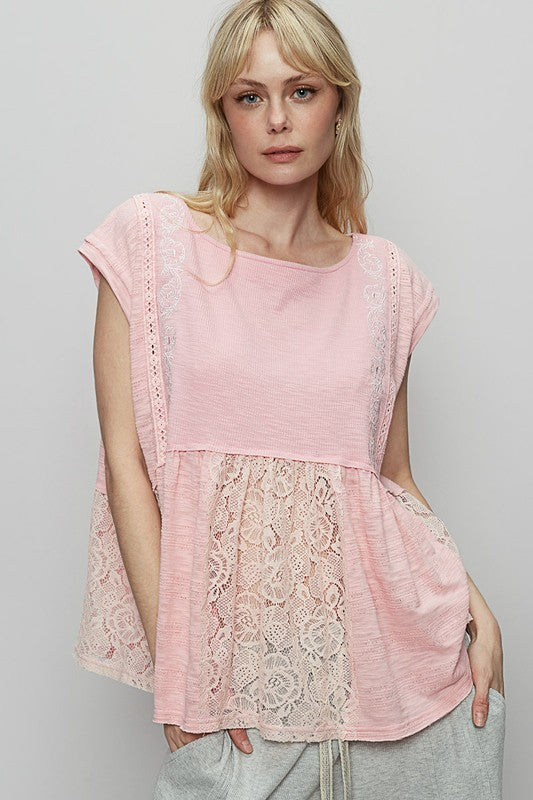 POL Blush Pink Embroidered Detail Boat Neck Cap Sleeve Lace Blouse Blush Pink