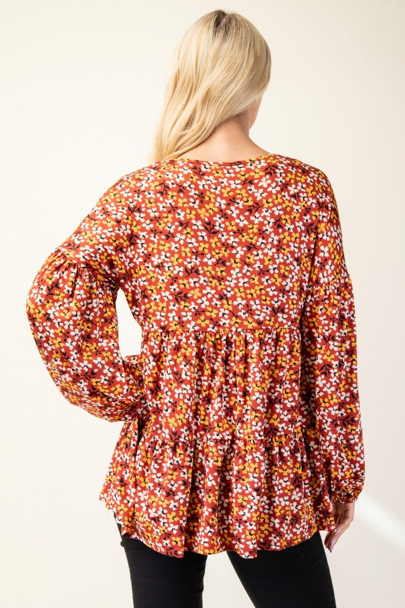 Celeste Floral V-Neck Tiered Balloon Sleeve Blouse in Rust Shirts & Tops