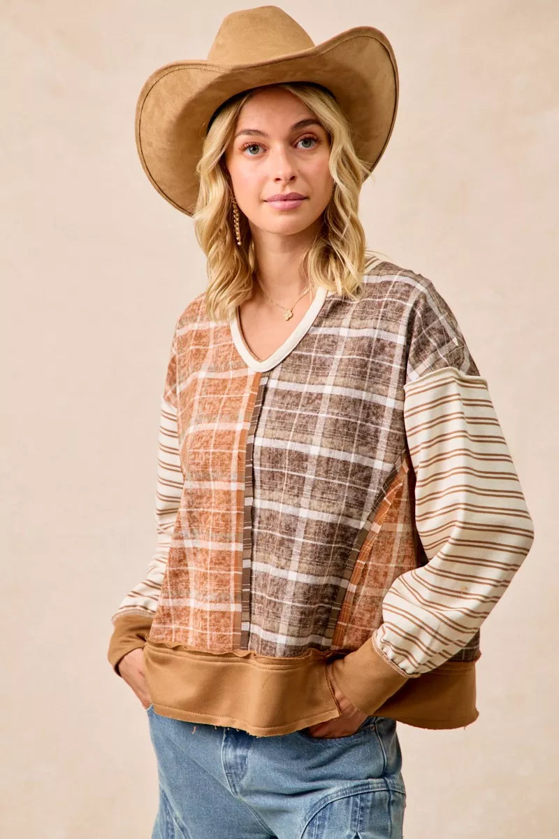 BiBi Plaid And Stripe Mix And Match Top With Open Seam