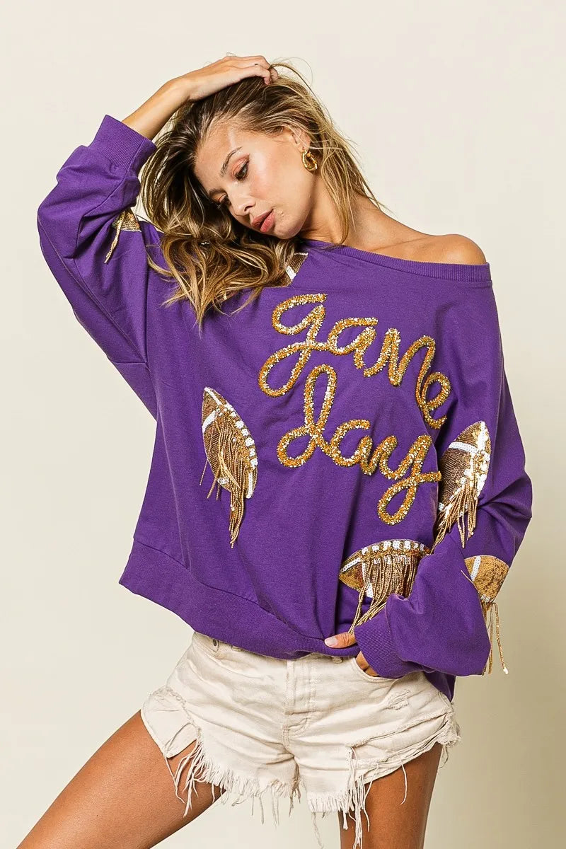 BiBi Purple & Gold Sequin Football Patches Game Day Sweatshirt