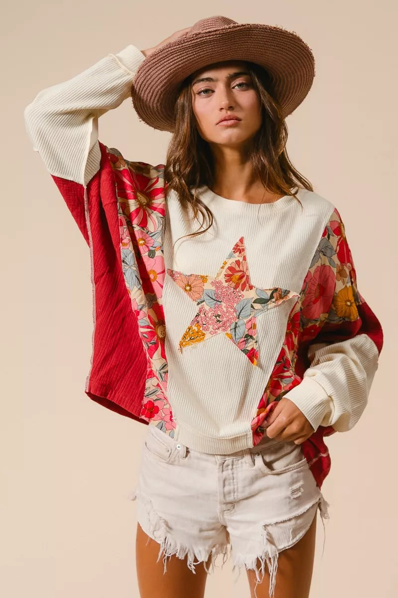 BiBi Floral Print Mixed Star Patch Round Neck Sweatshirt