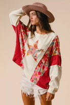 BiBi Floral Print Mixed Star Patch Round Neck Sweatshirt