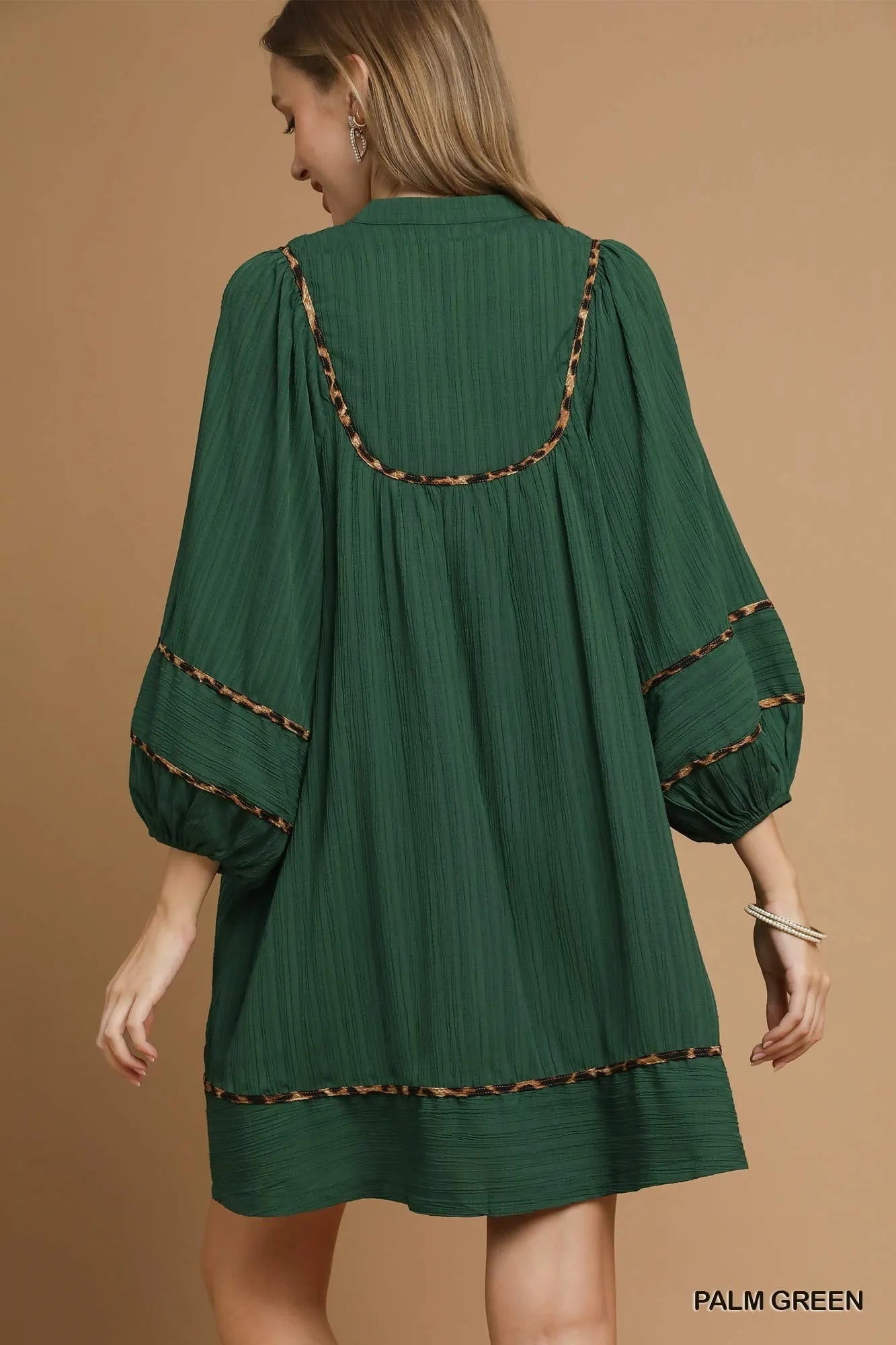 Umgee Palm Green Textured Babydoll Dress with Leopard Trim