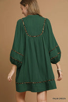 Umgee Palm Green Textured Babydoll Dress with Leopard Trim