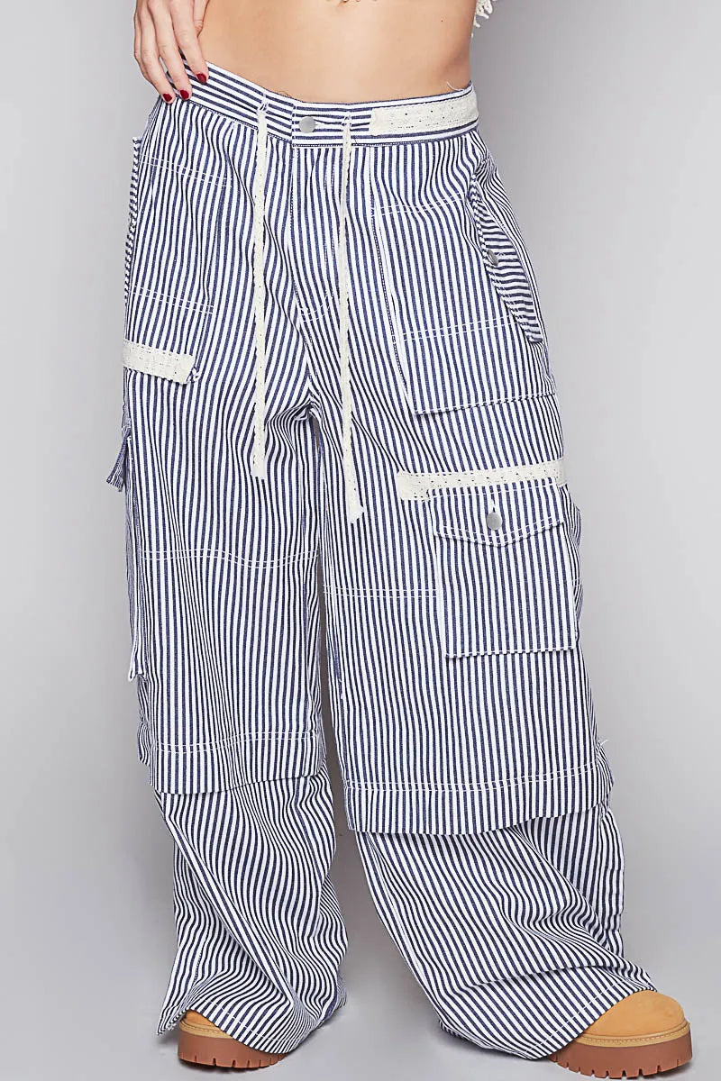 POL Denim Striped Lace Drawstring Pants with Cargo Pockets