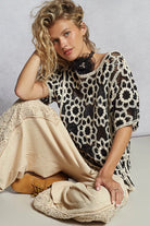 POL Black & Beige Openwork Short Sleeve Crochet Knit Top with Weave Knit Patterns