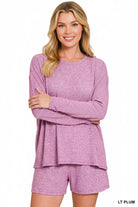 Zenana Light Plum Soft Melange Long Sleeve Tee and Shorts Set LT PLUM