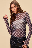 SO ME Plaid Mesh Knit Long Sleeve Top with Thumb Opening