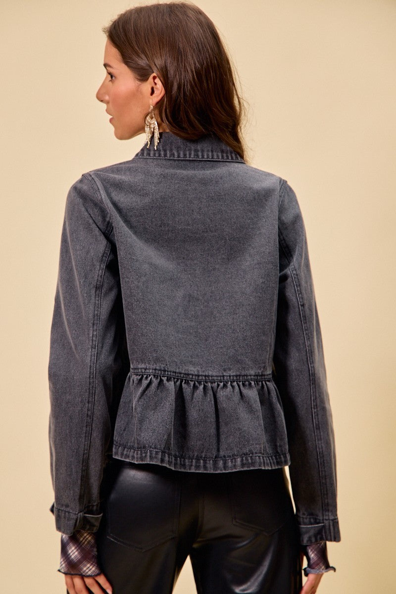 SO ME Black Denim Peplum Hem Front Button Jacket With Pockets