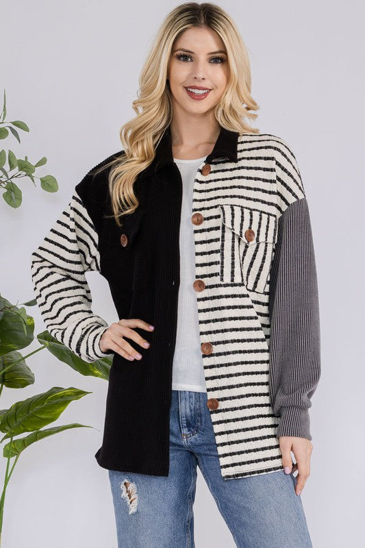 Celeste Black Striped Button Up Dropped Shoulder Shacket