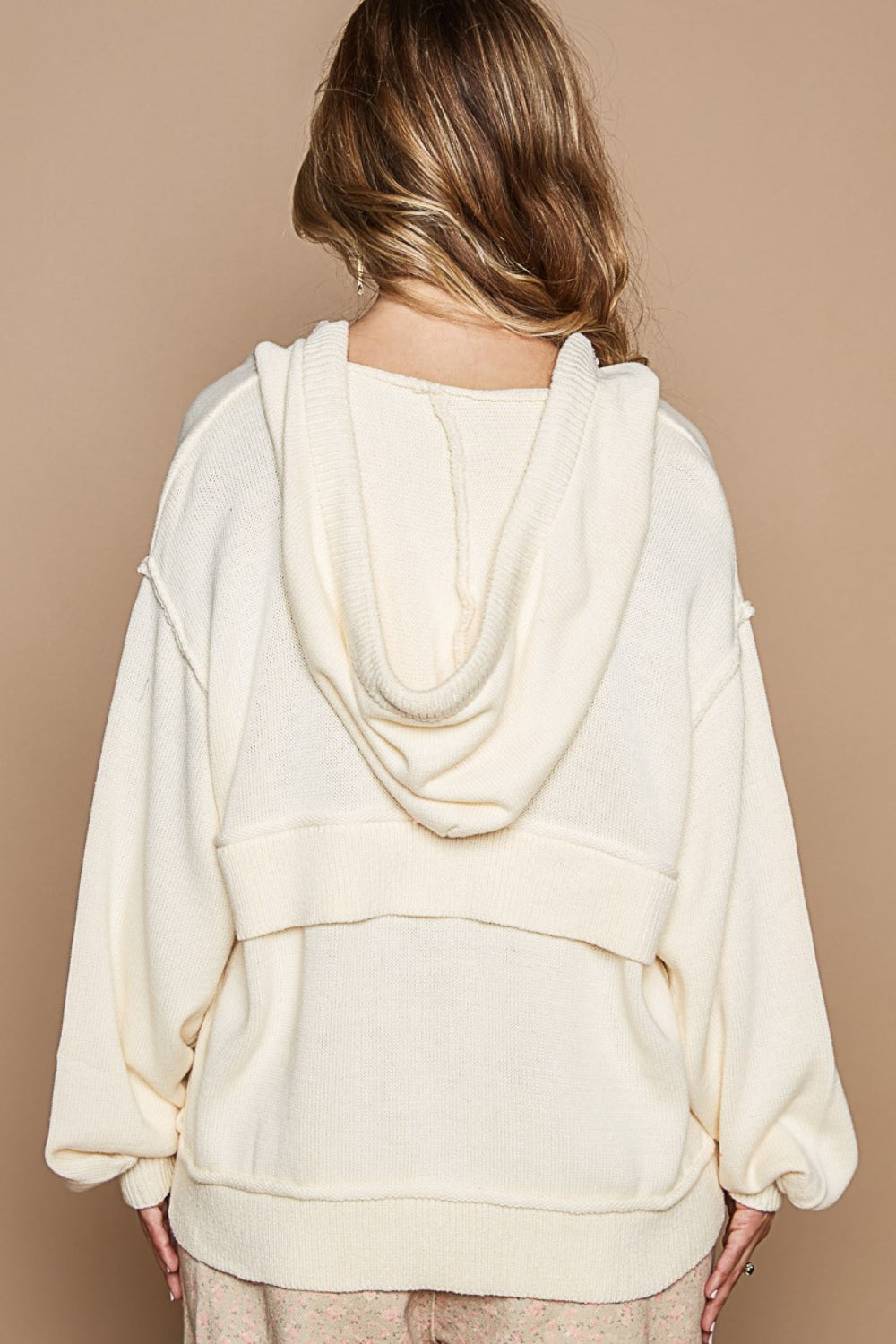 POL Provence Cream Half Zip Drop Shoulder Hooded Sweater Trendsi