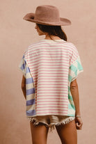 BiBi Pink Multi Slit Exposed Seam Striped Round Neck Short Sleeve T-Shirt