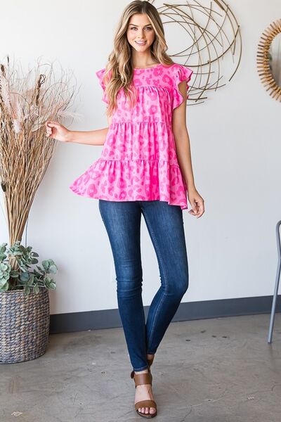 Heimish Fuchsia Tiered Leopard Round Neck Blouse with Ruffled Detail