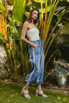 BiBi Striped Tape Details With Bow Tied Point Elastic Waist Jeans