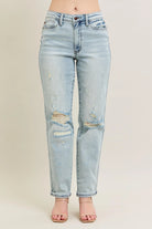 Judy Blue Midrise Repair Stitch Detail Destroy Single Cuff Boyfriend Jeans