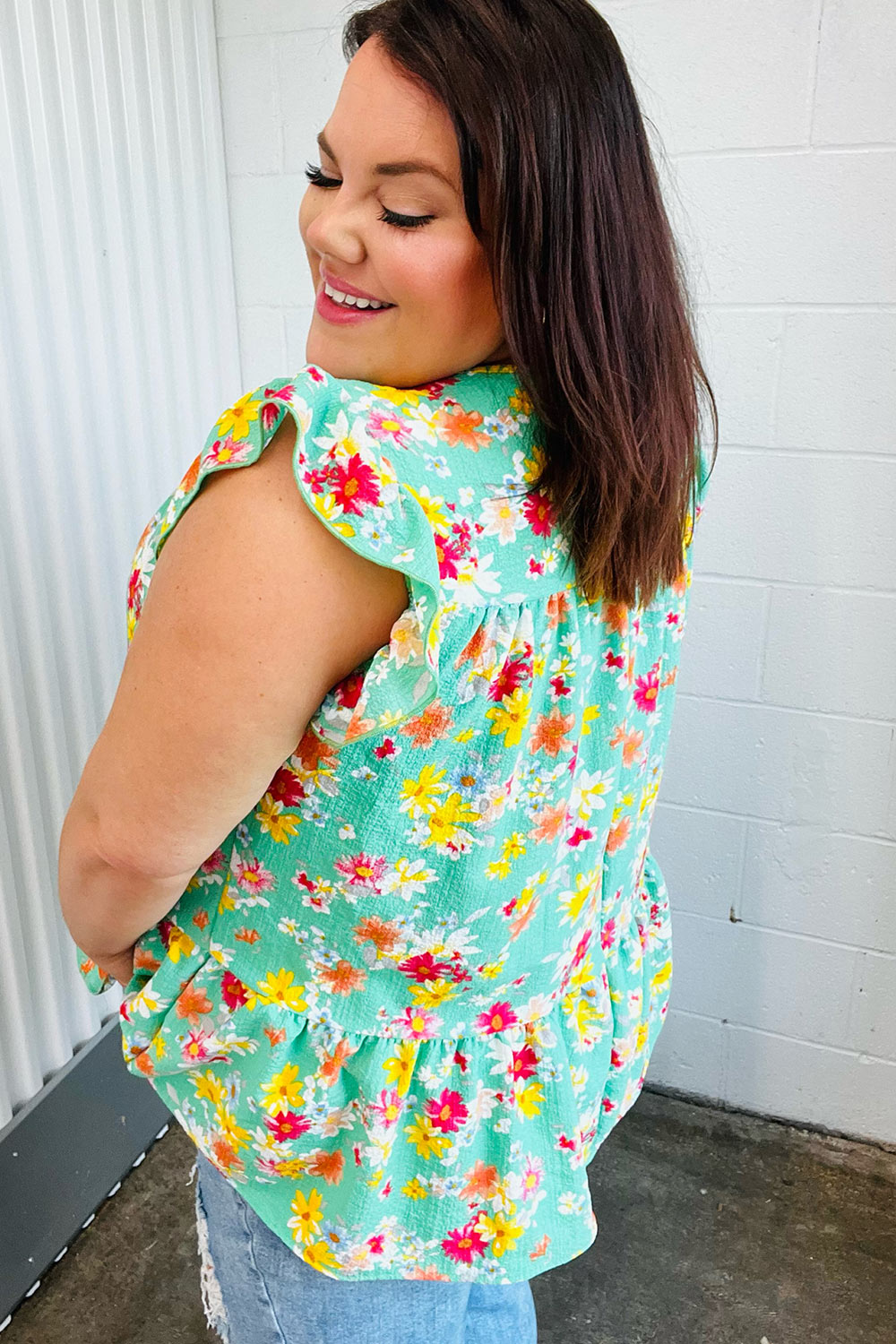 Haptics Mint Floral Yoke Flutter Sleeve Keyhole Back Top Final Sale