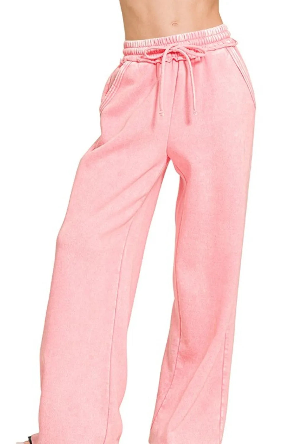 Zenana Sleet Acid Wash Fleece Palazzo Sweatpants with Pockets