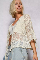 POL Floral Lace Short Sleeve Crochet Cardigan with Tassel Tie
