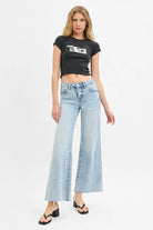 RISEN Tummy Control Low Rise Wide Leg Raw Cut Hem Jeans