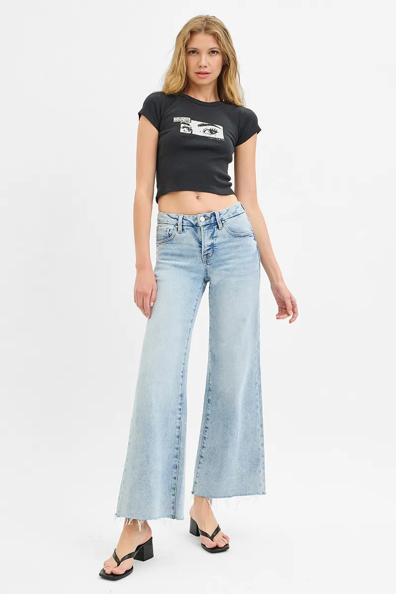 RISEN Tummy Control Low Rise Wide Leg Raw Cut Hem Jeans