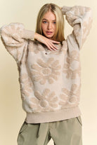 Davi & Dani Beige Flower Textured Round Neck Drop Shoulder Sweater Beige