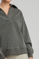 Umgee Johnny Collar Dropped Shoulder Sweatshirt in Charcoal Shirts & Tops