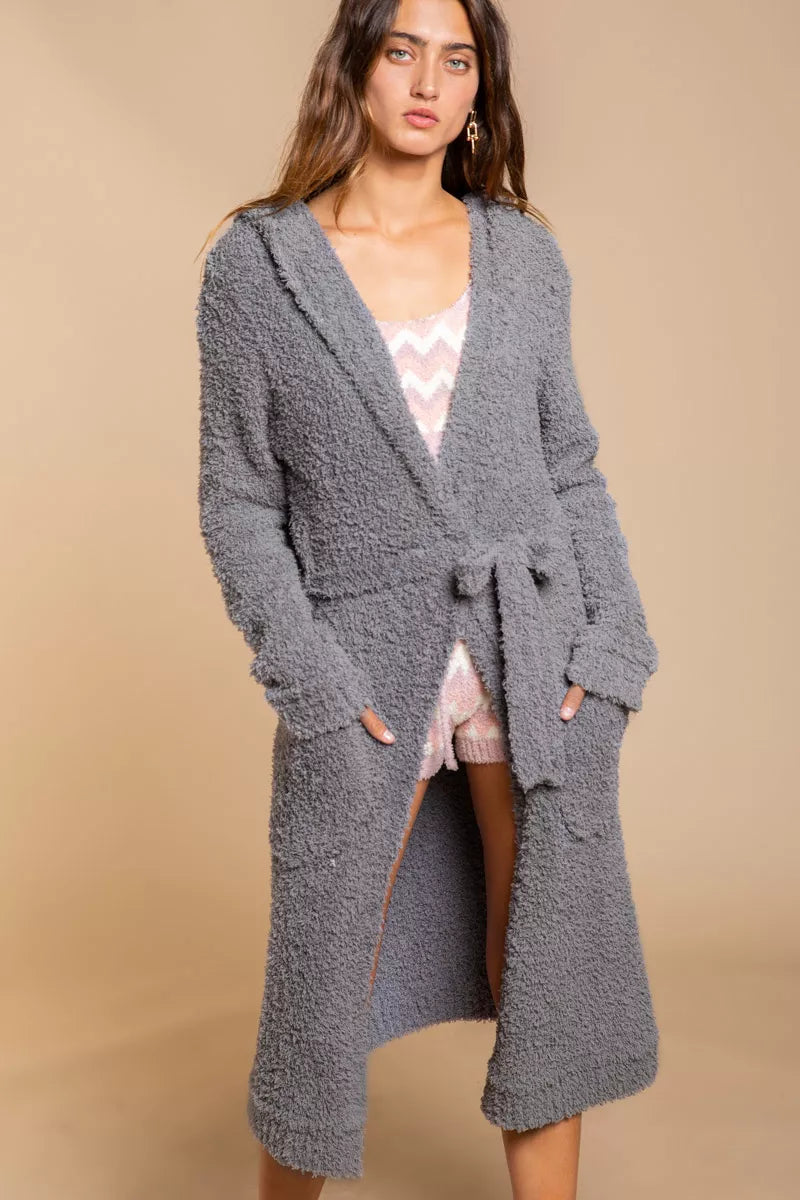 POL Grey Berber Fleece Tie Front Tunic Hooded Cardigan with Pockets GREY