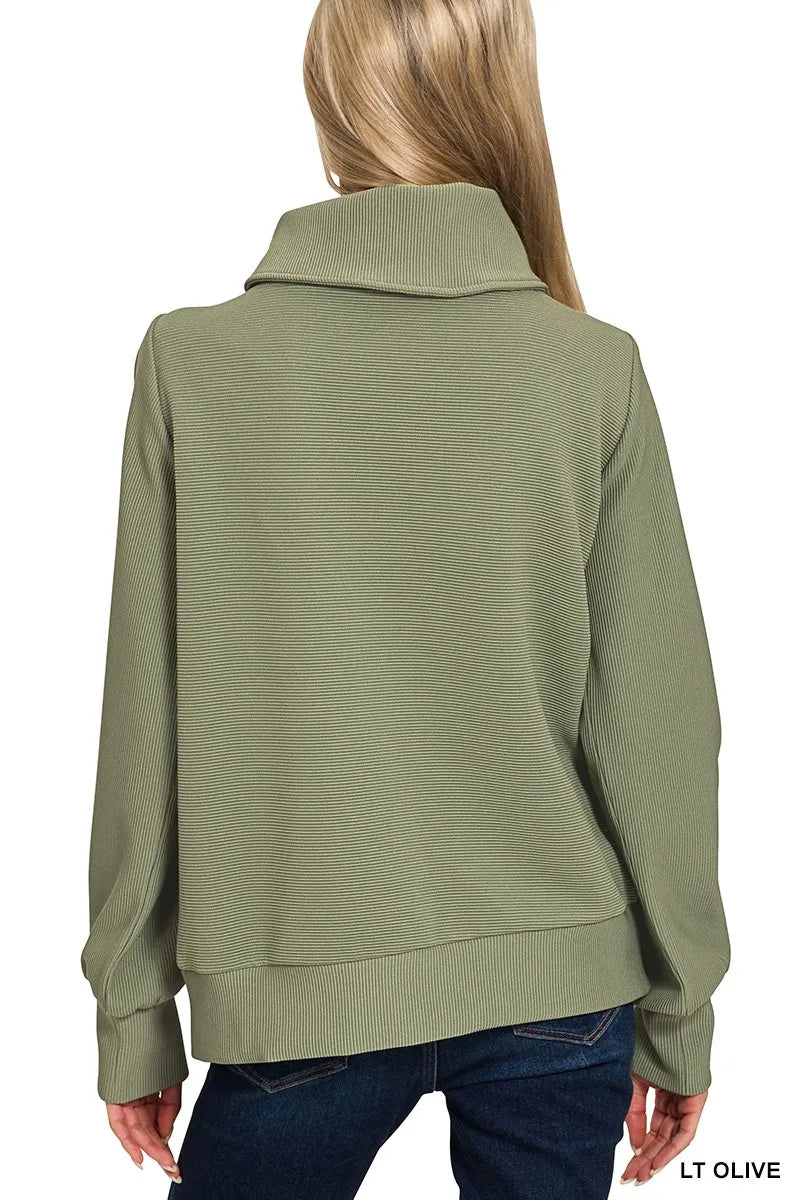 Zenana Light Olive Ribbed High Neck Half Zip Pullover & Pants Set