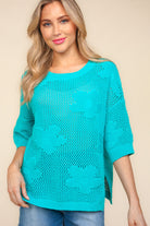 Haptics Mint Floral Crochet Side Slit Knit Top Trendsi